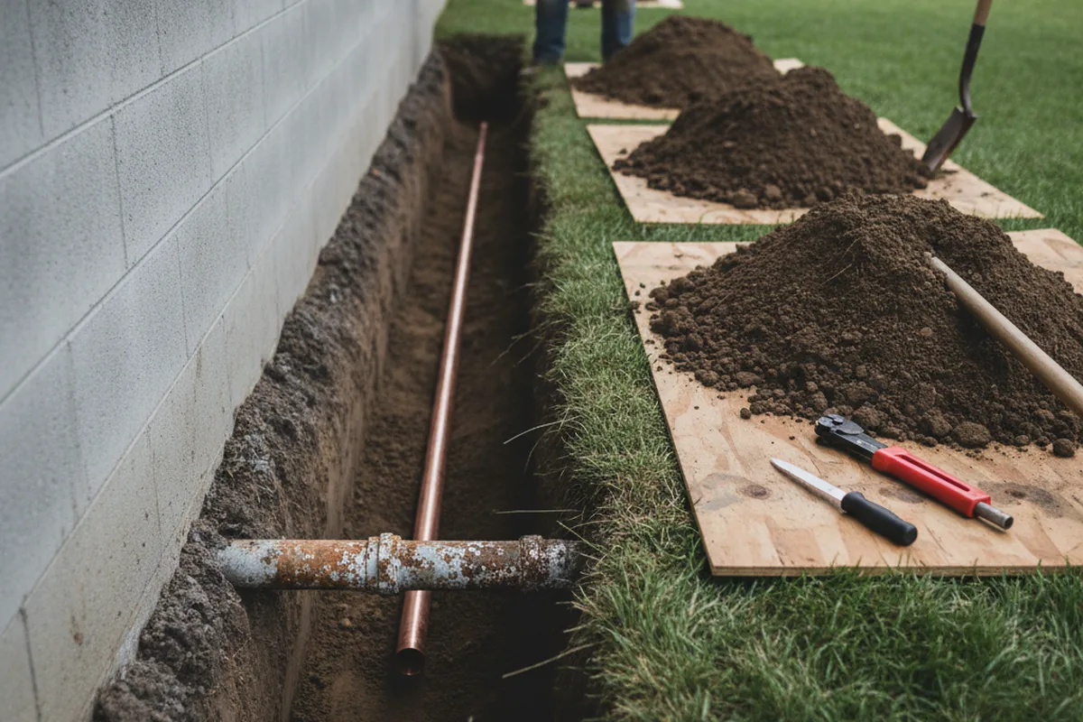Excavated water line trench during Sewer Line Repair in Williston